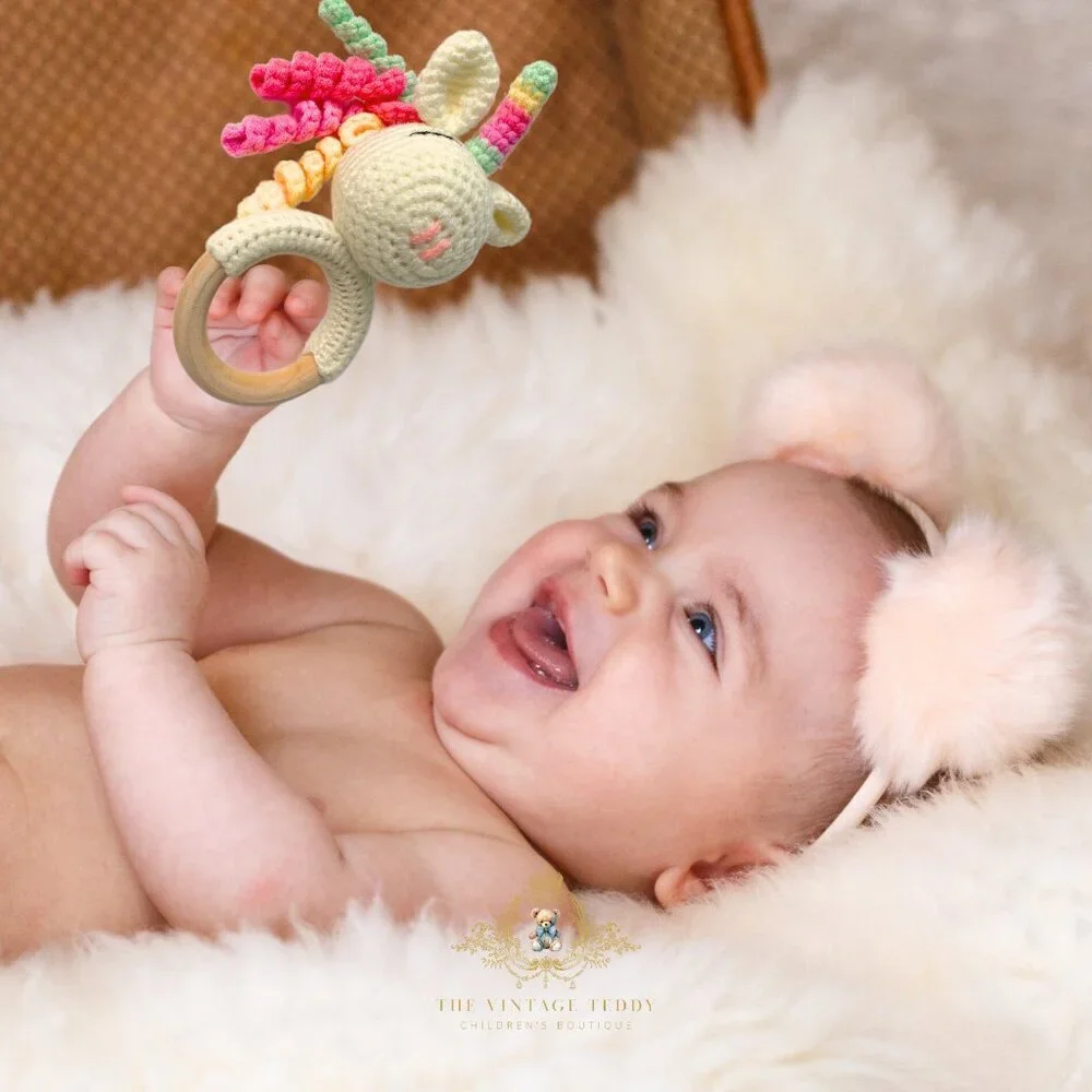 NWT - Cute Handmade Crochet Unicorn Baby Rattle Baby & Toddler Wooden Plush Toy
